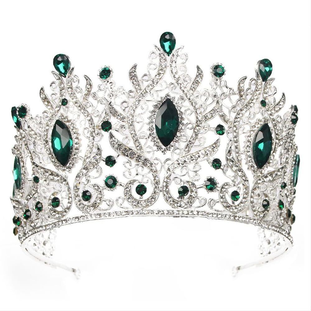 8215 Tall Baroque Crowns Silver and Emerald Green Large Rhinestone Bridal